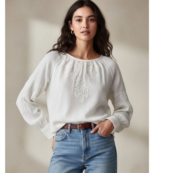 JOIE Mitney Embroidered Peasant Blouse Lined Damask Floral White Cotton Size S - Picture 1 of 6